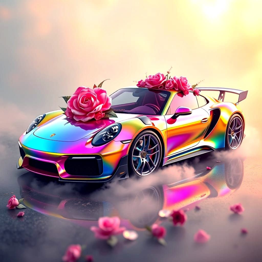 Vibrant Hyperrealistic Sports Car with 3D Roses and Delicate...