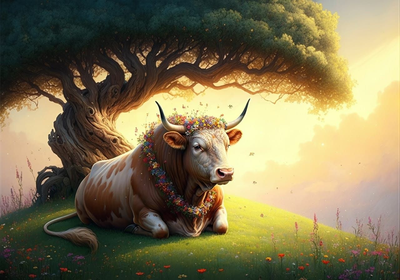 Serenely Majestic Bull in Whimsical Wildflower Garb
