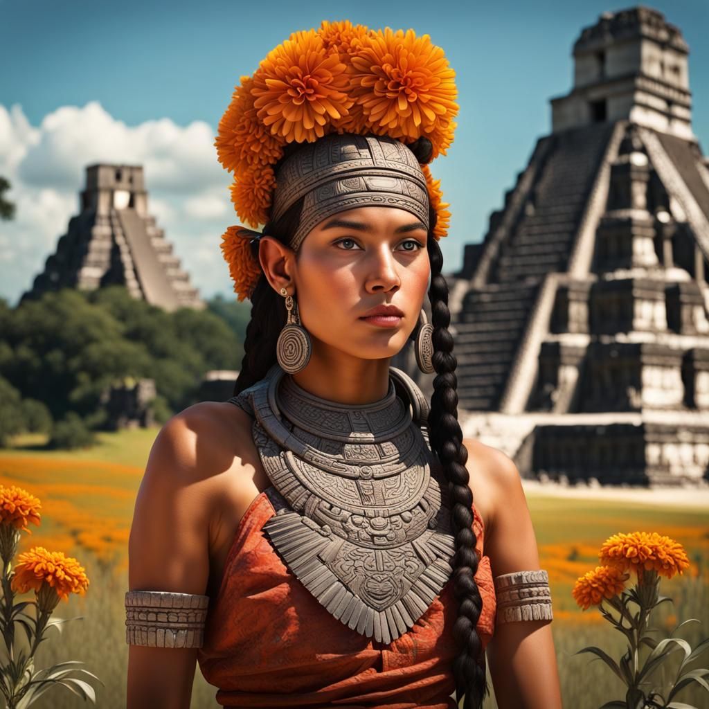 Aztec Woman in Tikal on Mars with Marigolds