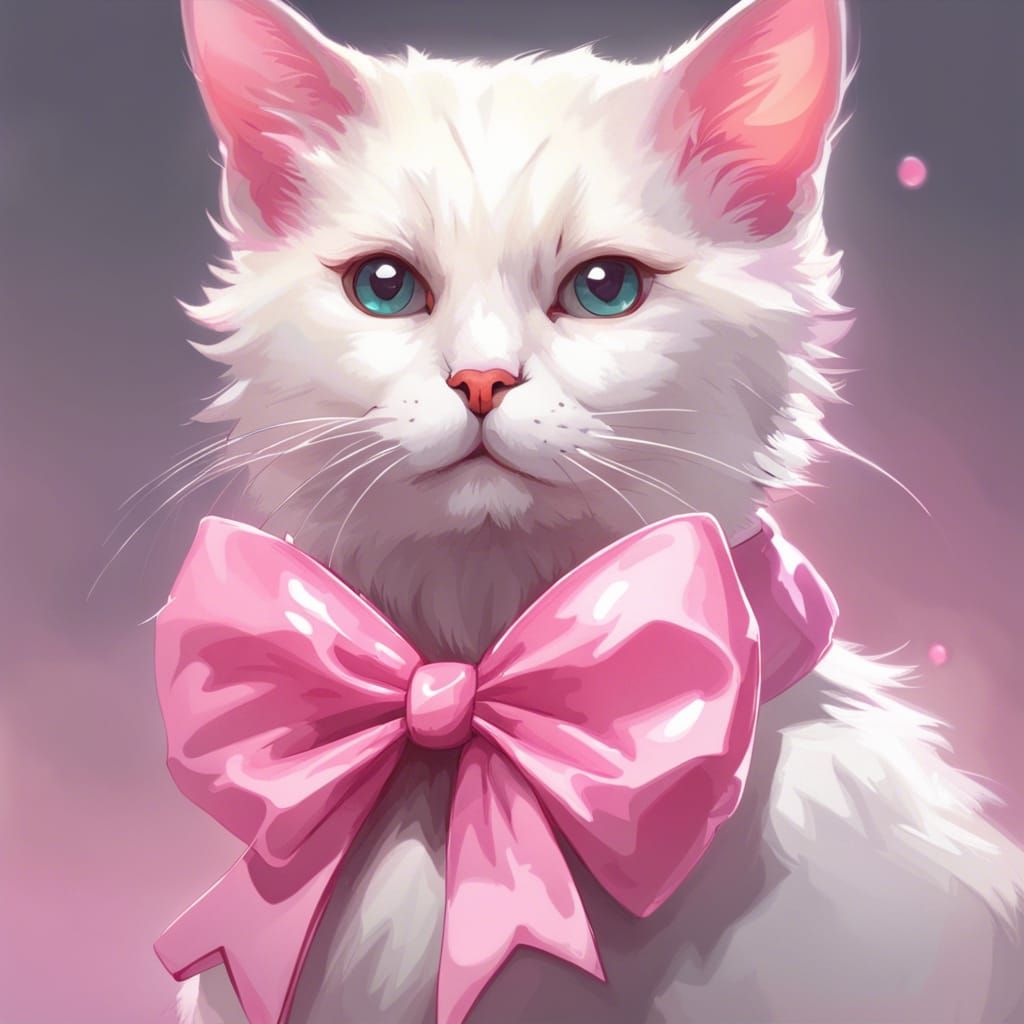 White kitten wearing a pink bow