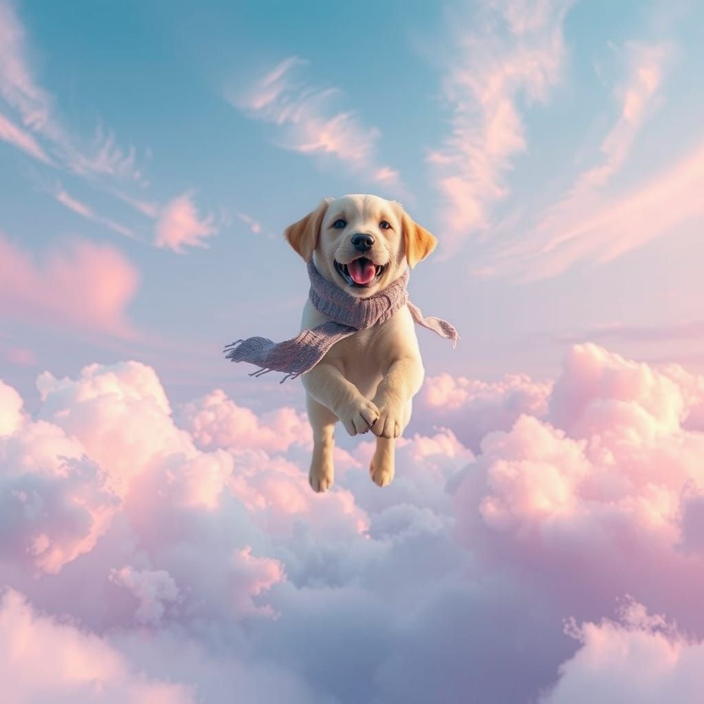 Joyful Labrador Puppy in Cotton Candy Clouds