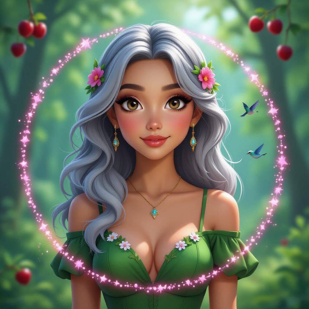 a beautiful young Latin woman in a spring forest. She has bi...