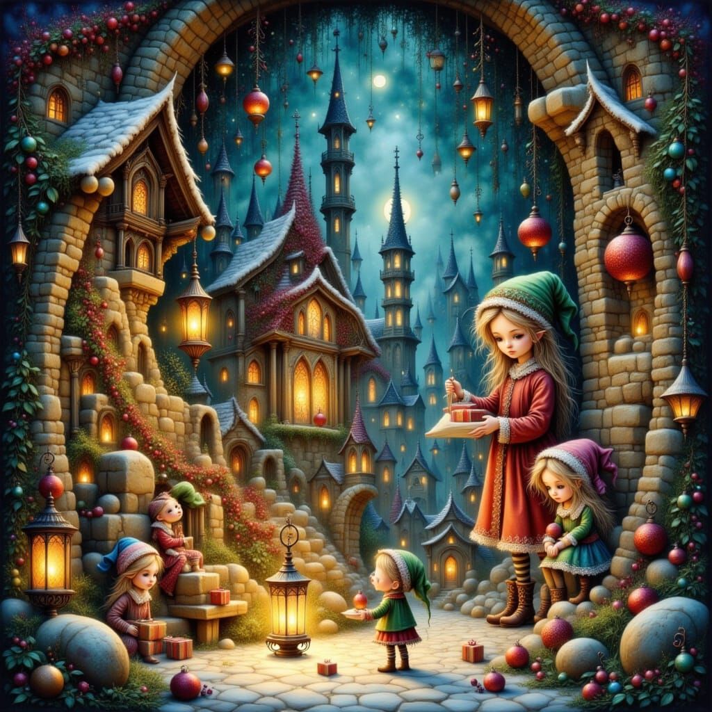 Gouache Painting of Elves Decorating a Gothic Crypt for Chri...