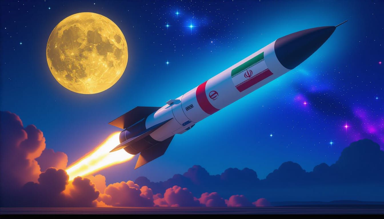 Iranian Missile Soaring Through Dystopian Night Sky