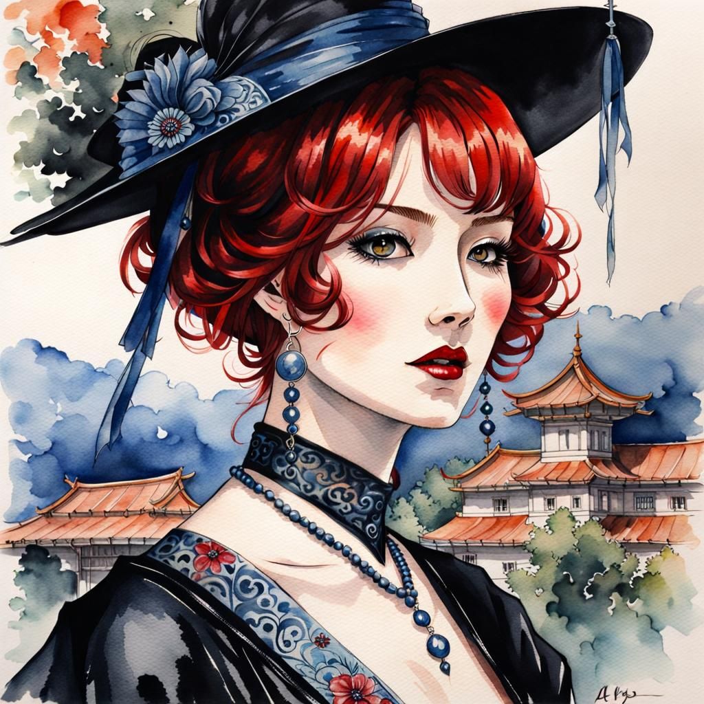 Gothic Mistress Portrait in Watercolor Ukiyo-e Style