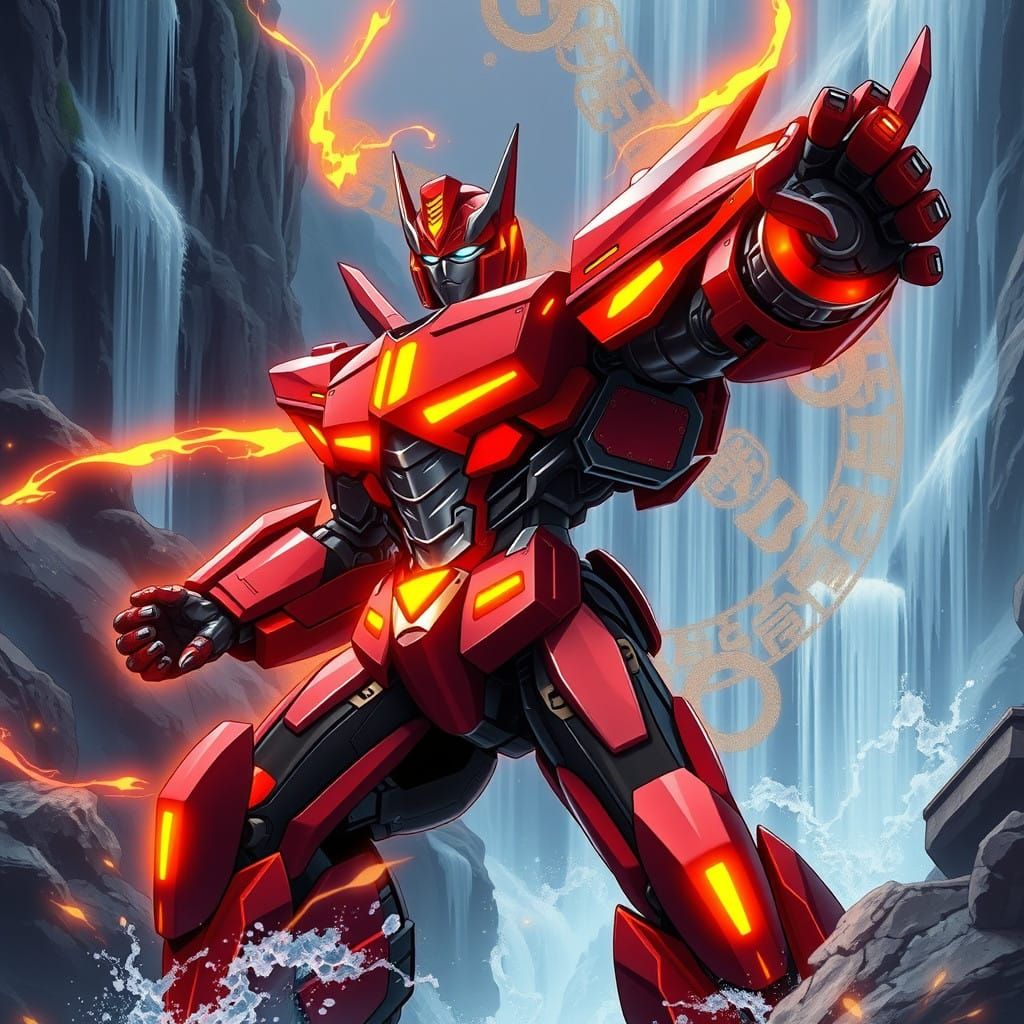 Anime Dragon Armor Optimus Prime in Epic Fantasy Waterfall S...