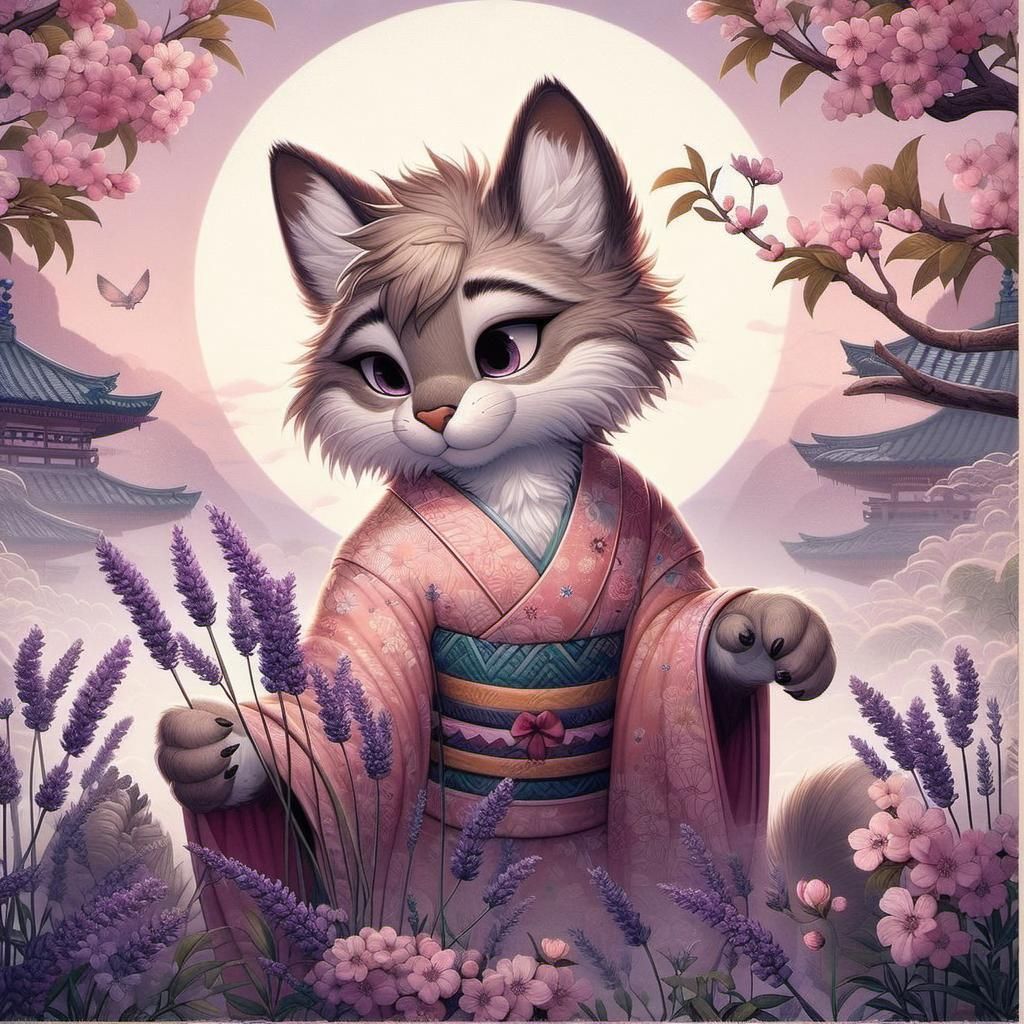 Anthropomorphic Cat in Kimono with Lavender, Soft Art