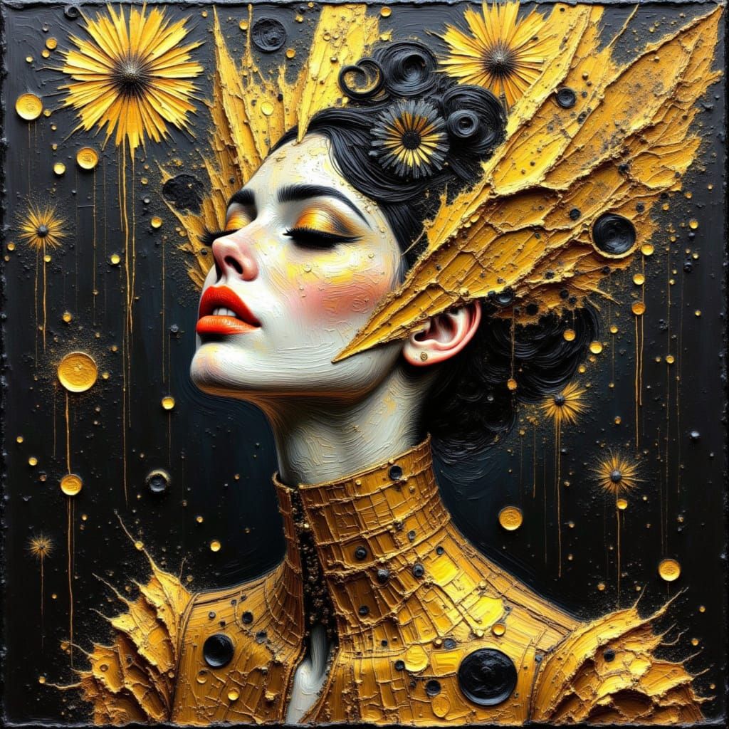 Golden Alien Queen Portrait in Impasto Style