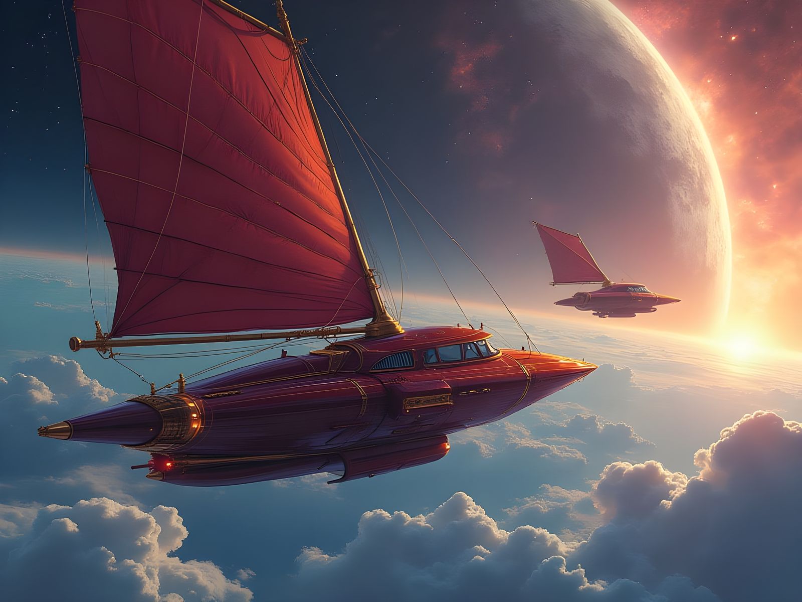 Wine-Colored Spacecraft Sails Past Garden Station