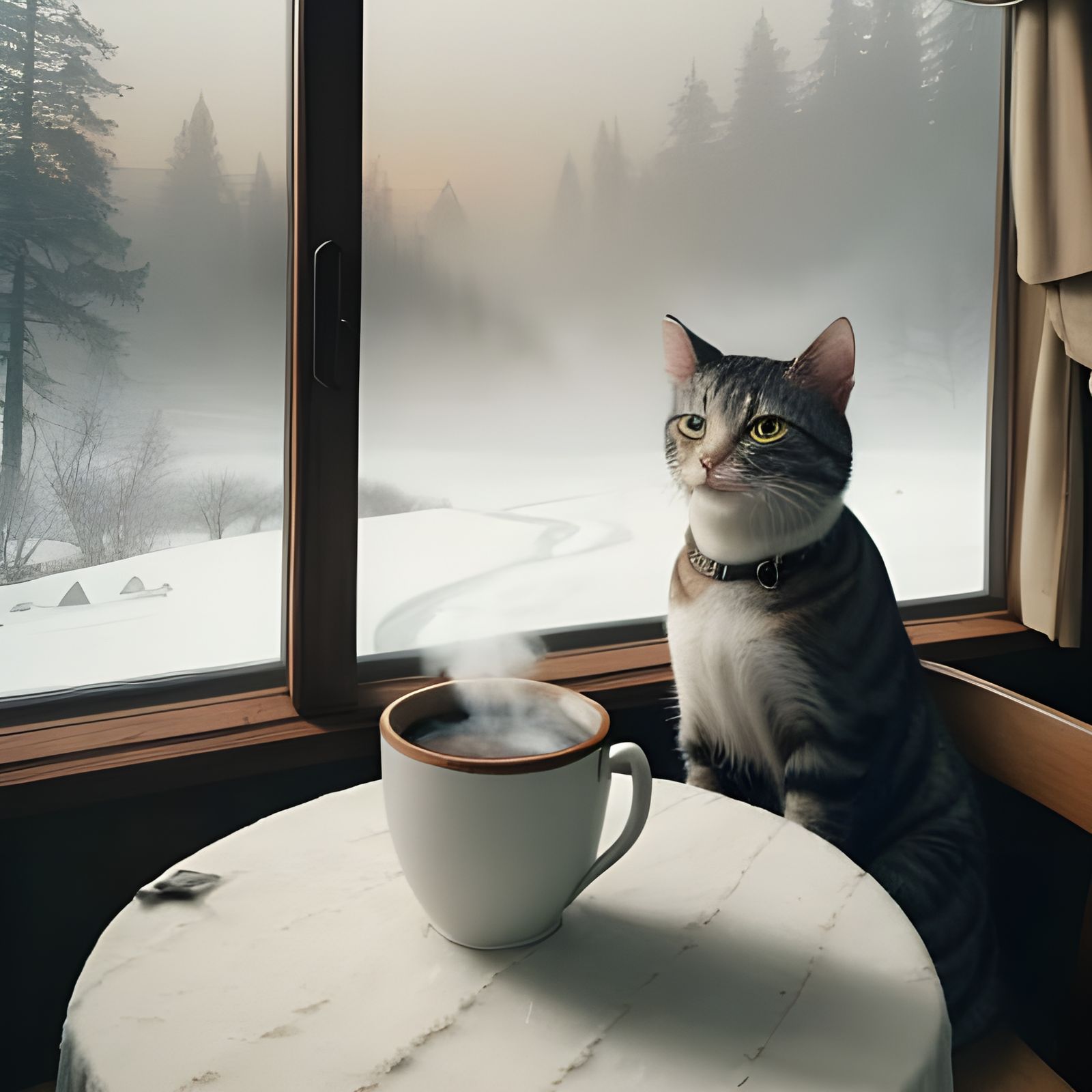 Kitty Sips Hot Chocolate in Snowy Woodscape Scene