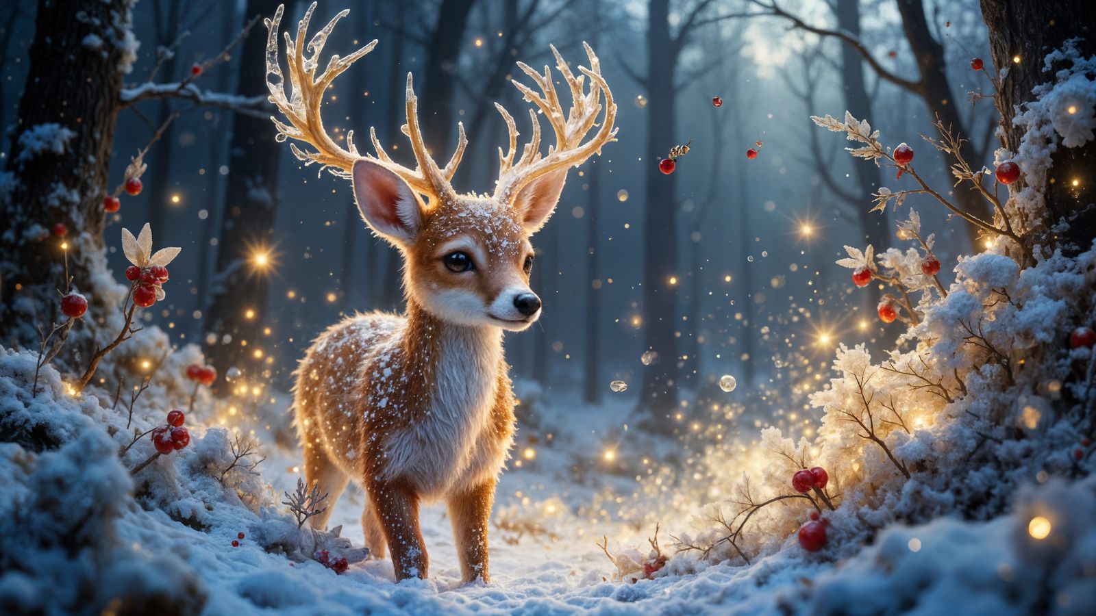 Crystal Fawn in Snowy Winter Wonderland, Painterly Style