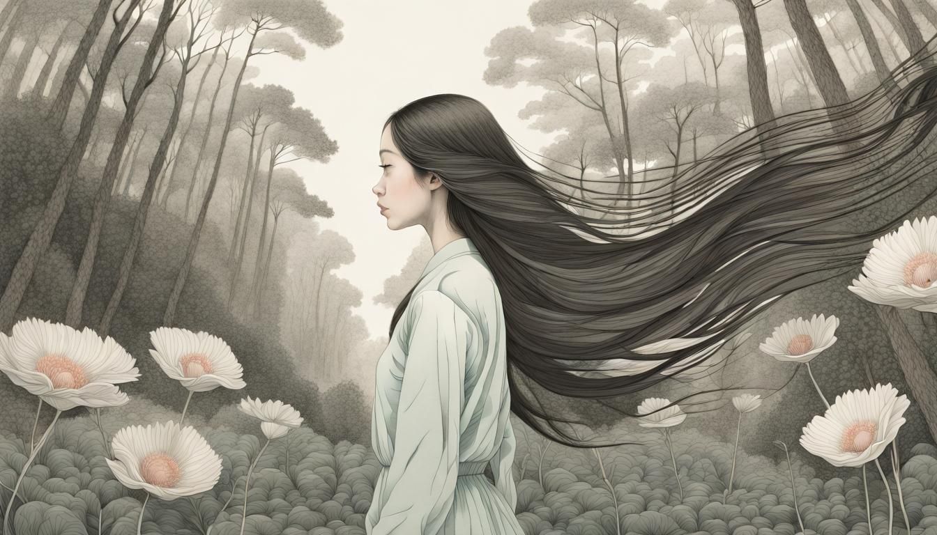 Woman with Flower in Warped Etching Style