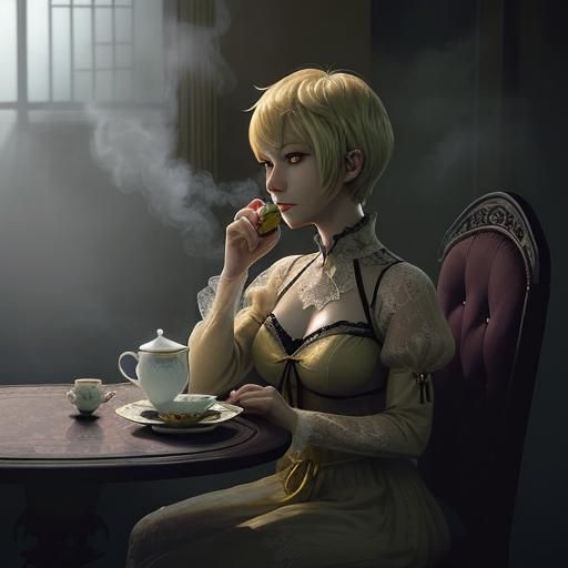 Worried Woman with Tea in Anime Style