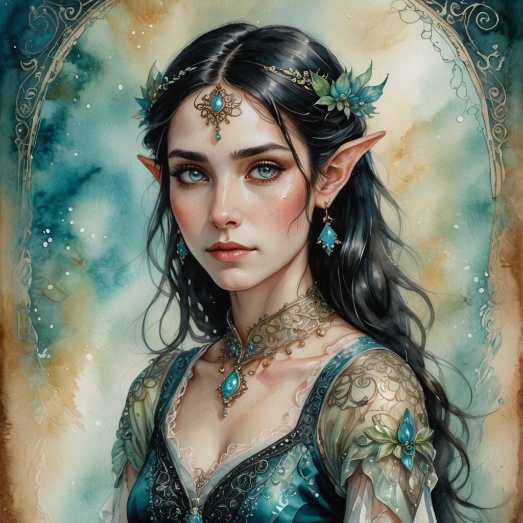 Ethereal Elf Woman Portrait in Watercolor and Oil