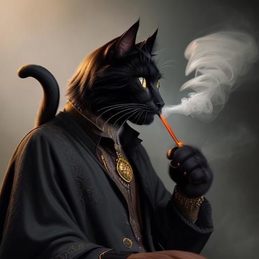 Wizard Black Cat Smoking Pipe, Hyperrealistic Digital Art