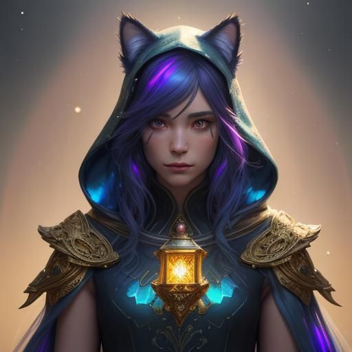 Ethereal Catgirl Portrait with Glowing Lantern