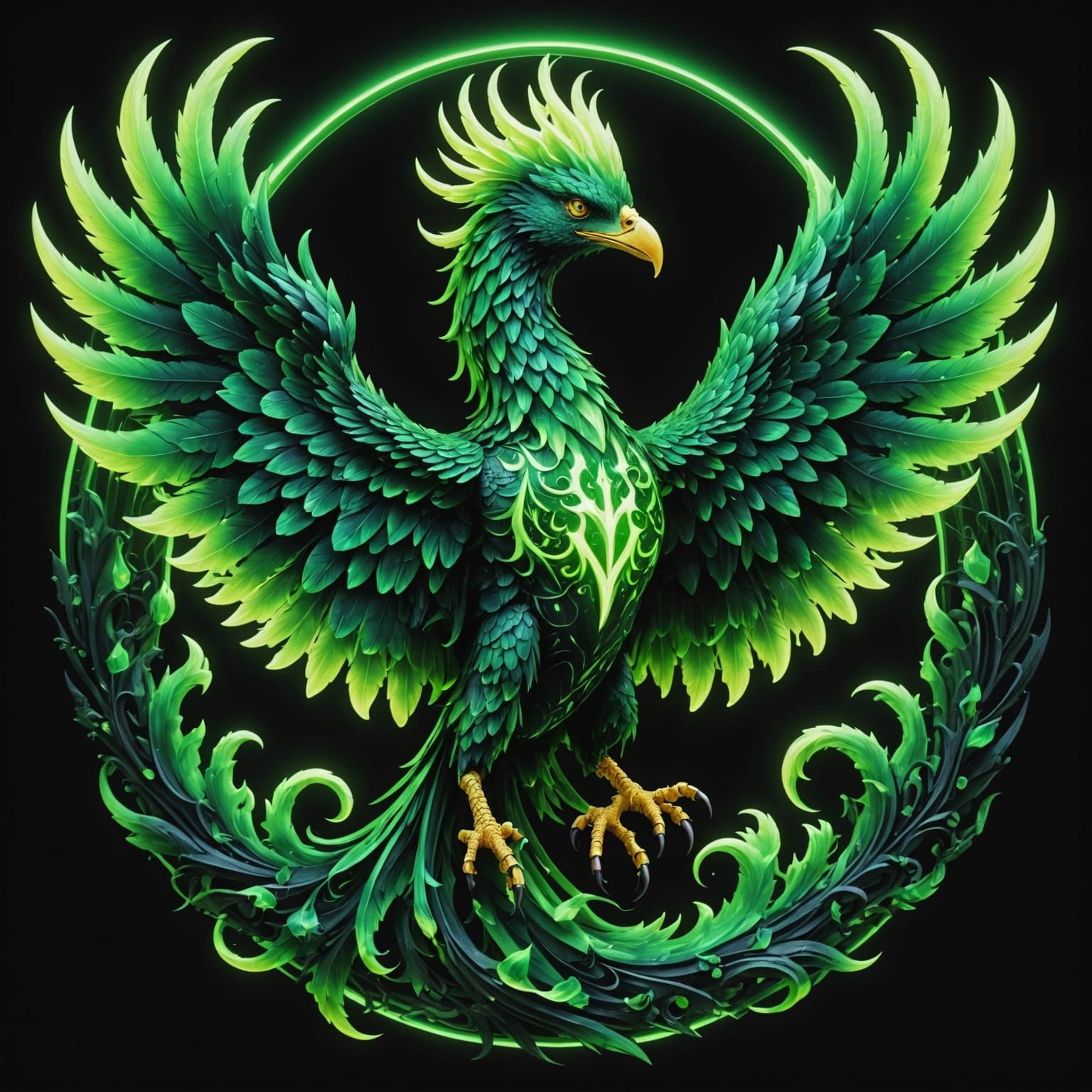 Cyberpunk Neon Phoenix Erupts in Green Flames
