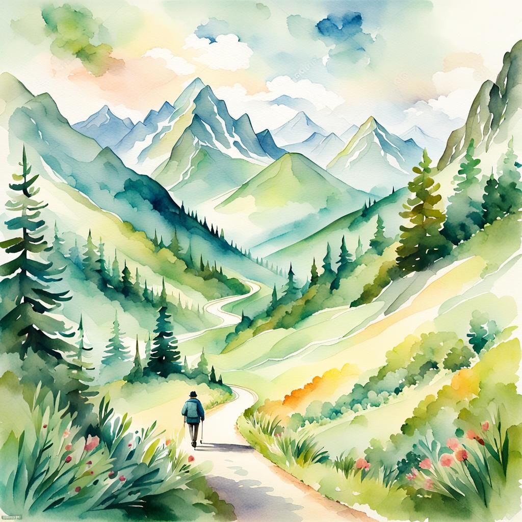 Watercolor Landscape with Traveler on Mountain Path
