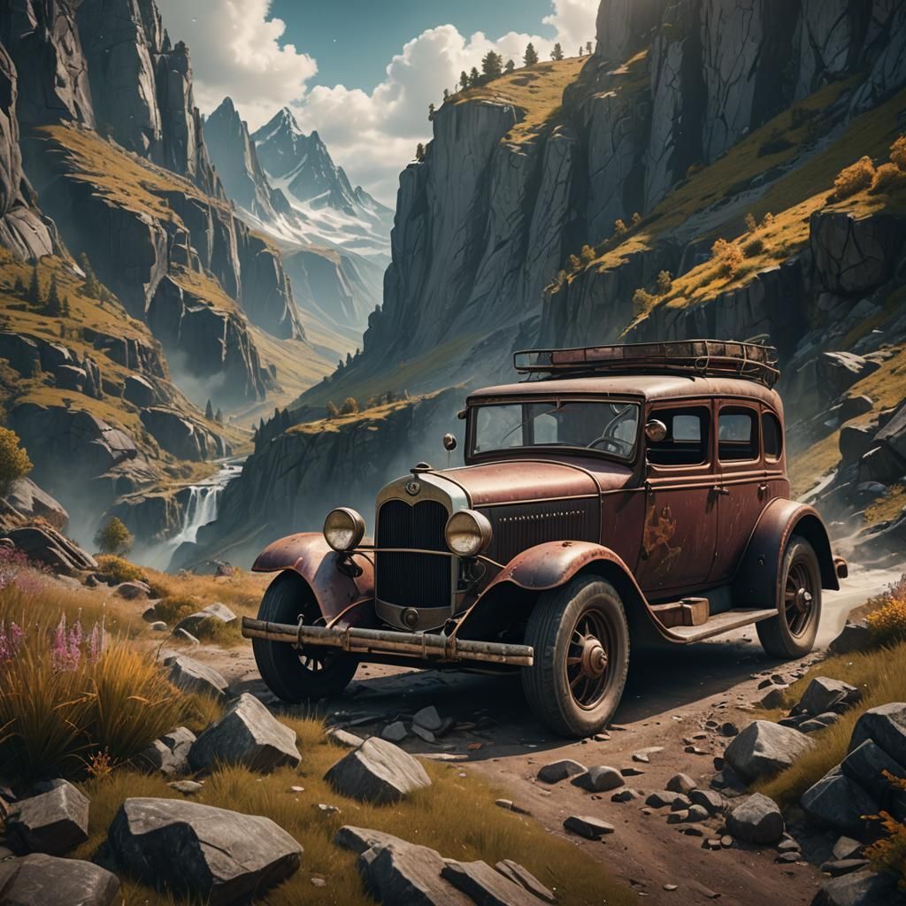 Vintage Car in Mountain Landscape: Detailed Matte Painting