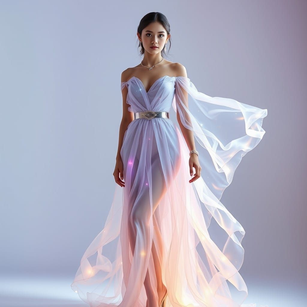 Ethereal Portrait of a Young Woman in Iridescent Gown