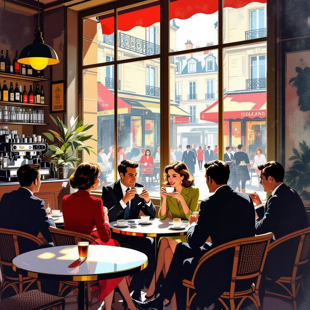 1960s Paris Cafe Scene in Vintage Poster Style