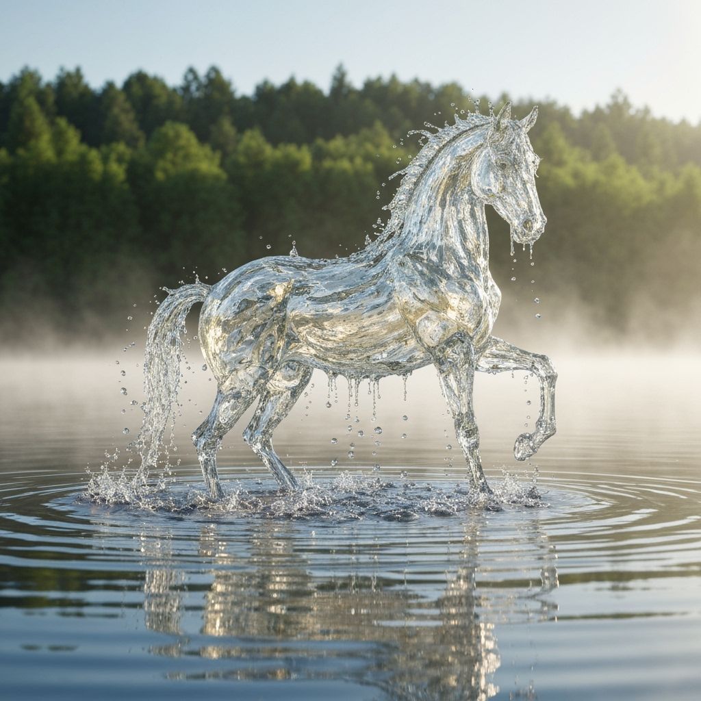 Water Horse Emerges From Lake in Morning Mist