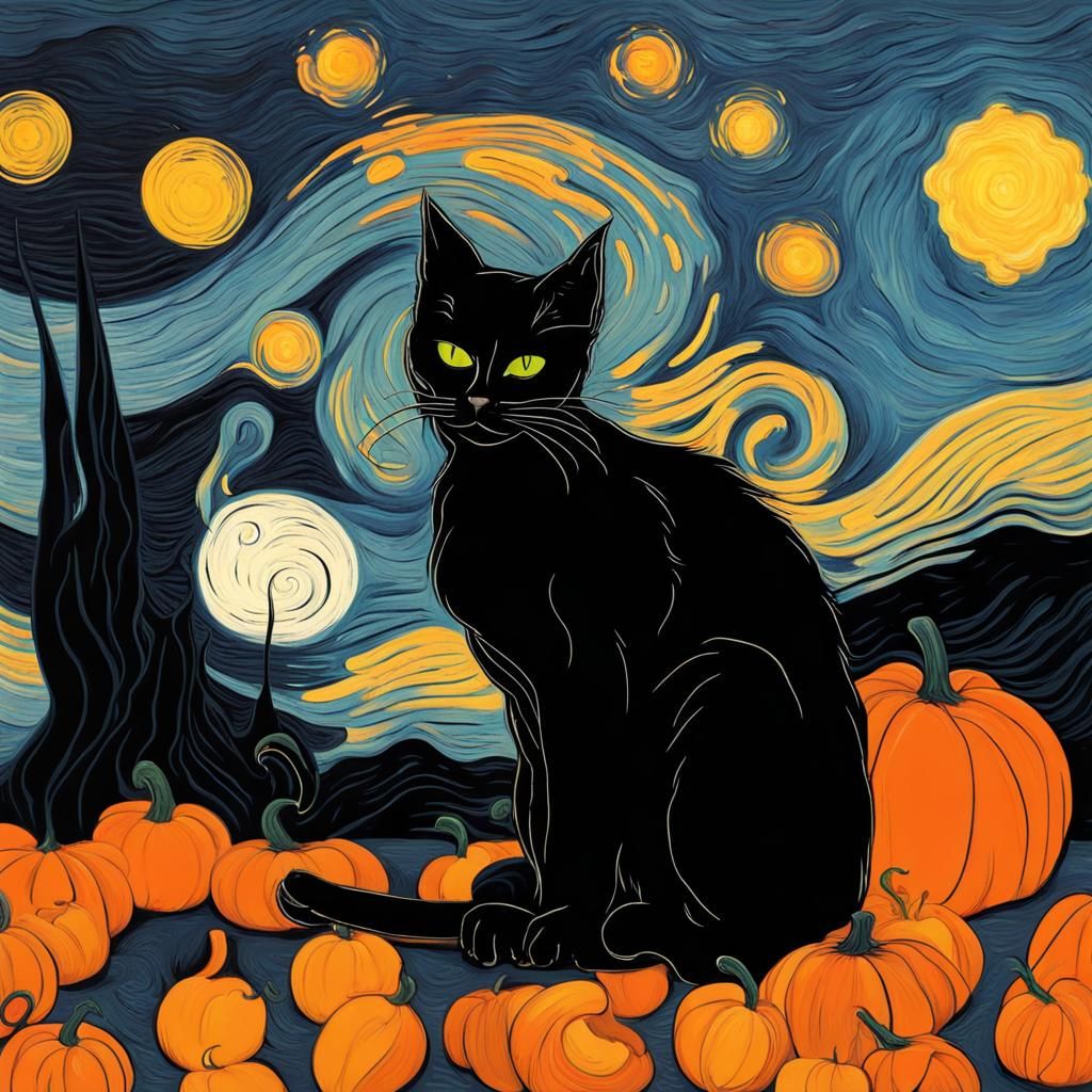Black Cat in Van Gogh Halloween Style