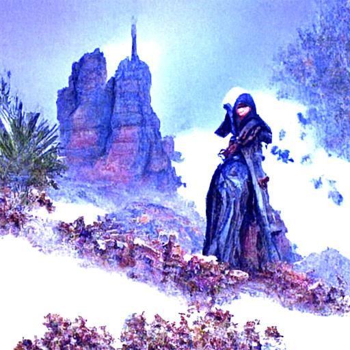 Hooded Assassin on Desert Hill in Ethereal Style