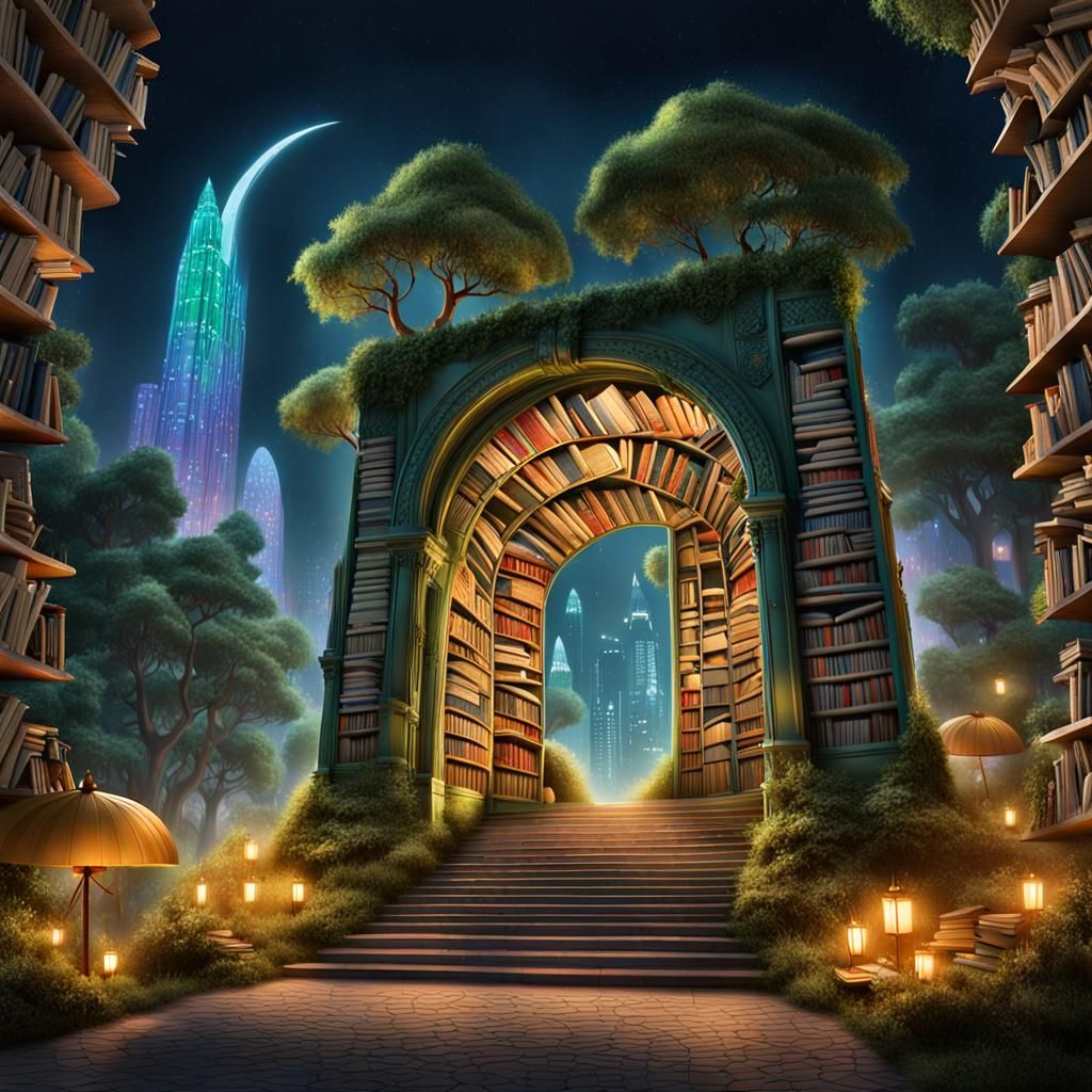 Magical Book Archway to Forest in City at Night