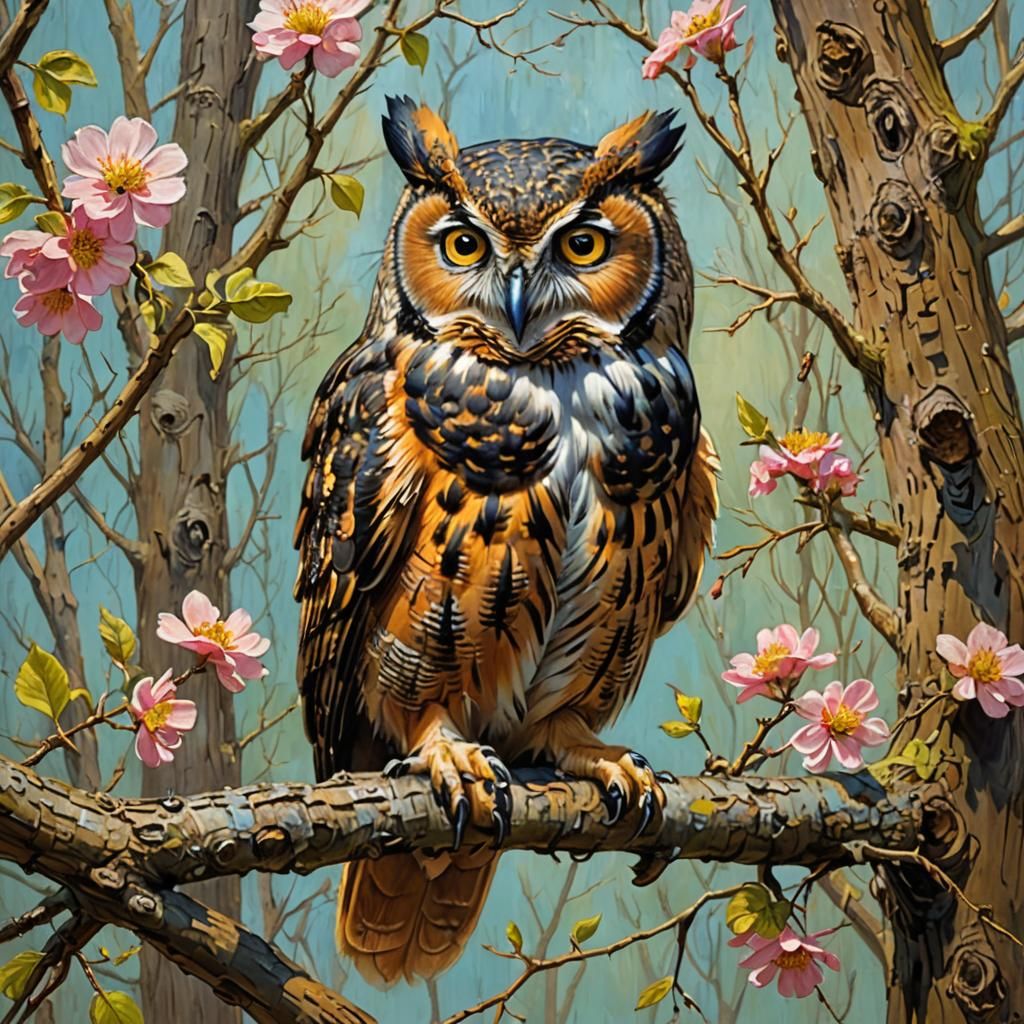 Owl Feast in Spring: An Oil Painting