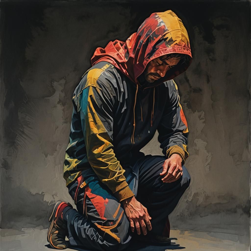 Dramatic Kneeling Man Portrait with Intense Expression
