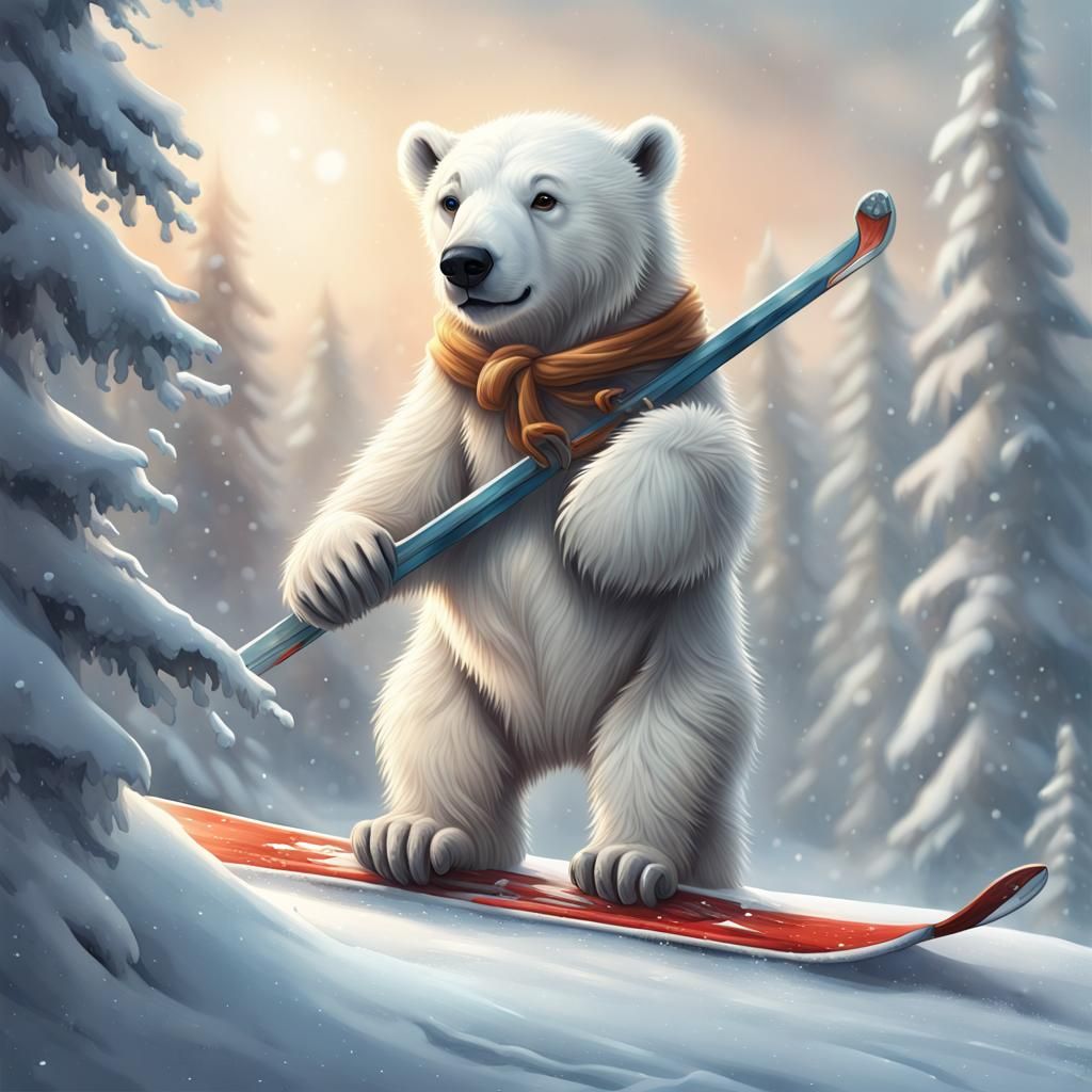 Polar Bear on Skis in Winter: Digital Art