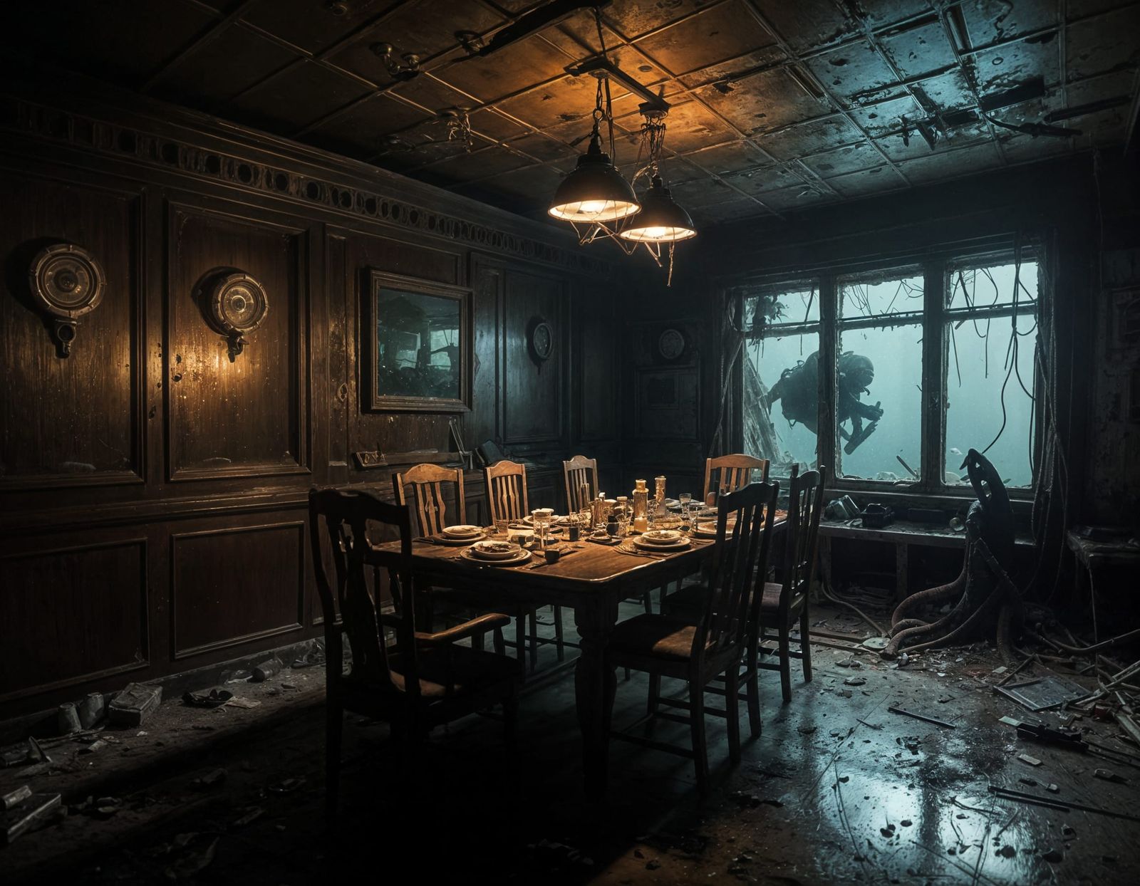 Abandoned Cruise Ship Underwater Diner in Darkness