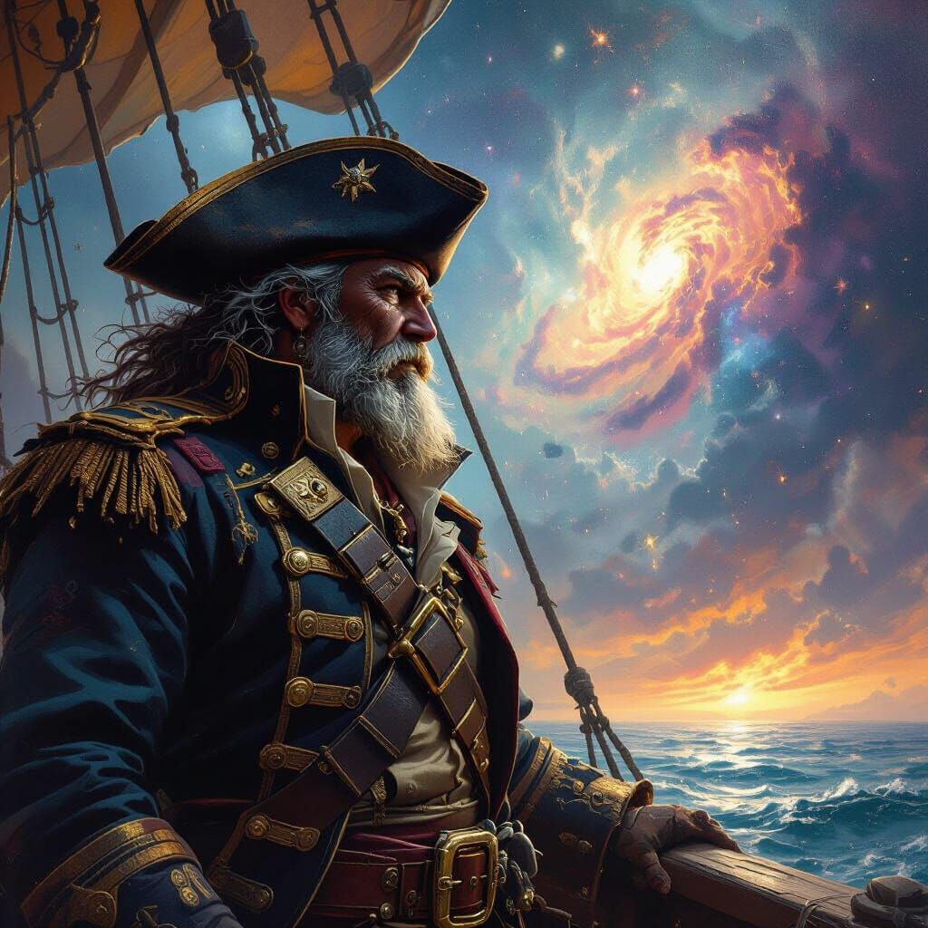 Pirate Captain Gazes at Nebula on Ship Deck