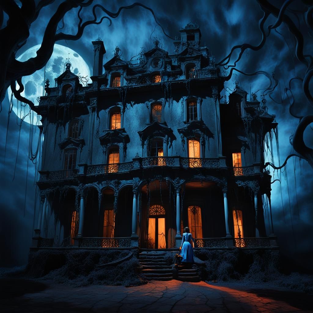 Woman Enters Surrealist Haunted Mansion at Night