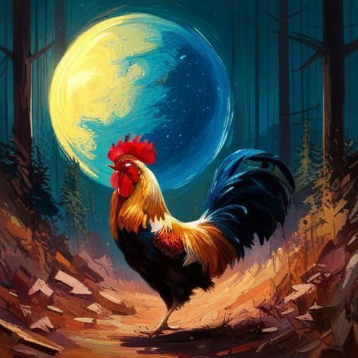 Majestic Rooster in Forest, Detailed Oil Painting
