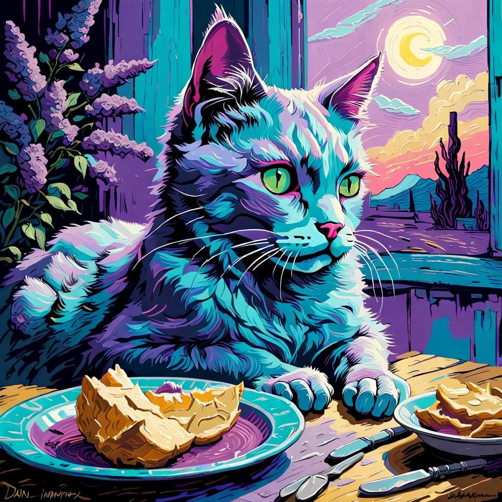 Cat's Dream: An Impasto Blacklight Painting in 1980s Style