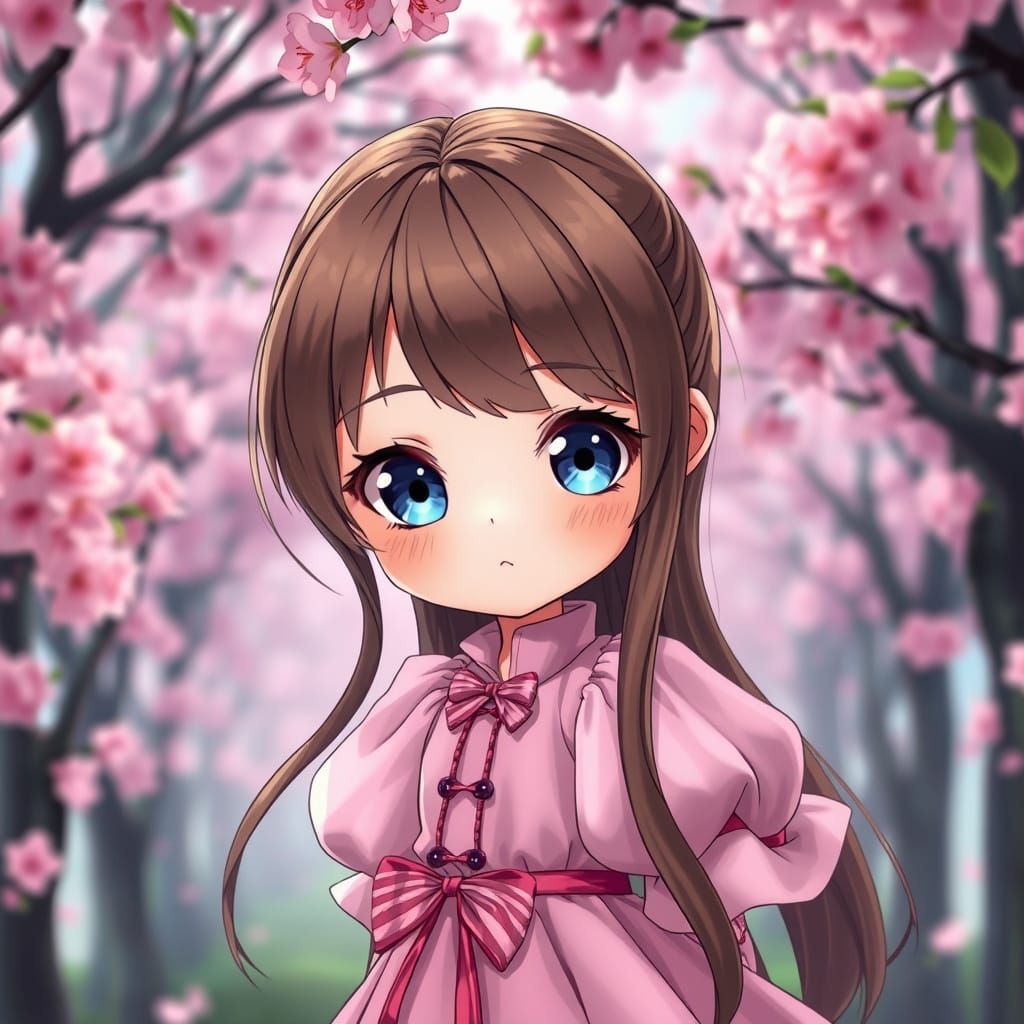 Chibi Anime Goddess Amidst Cherry Blossoms
