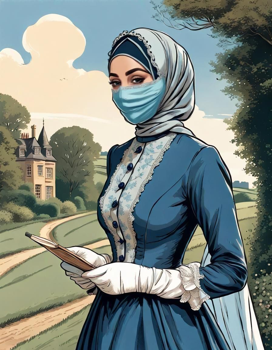 Victorian Hijabi Woman in Vintage Comic Style
