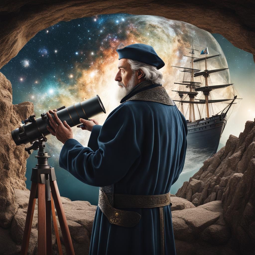 Copernicus Double Exposure: Medieval Astronomer in Hyperreal...