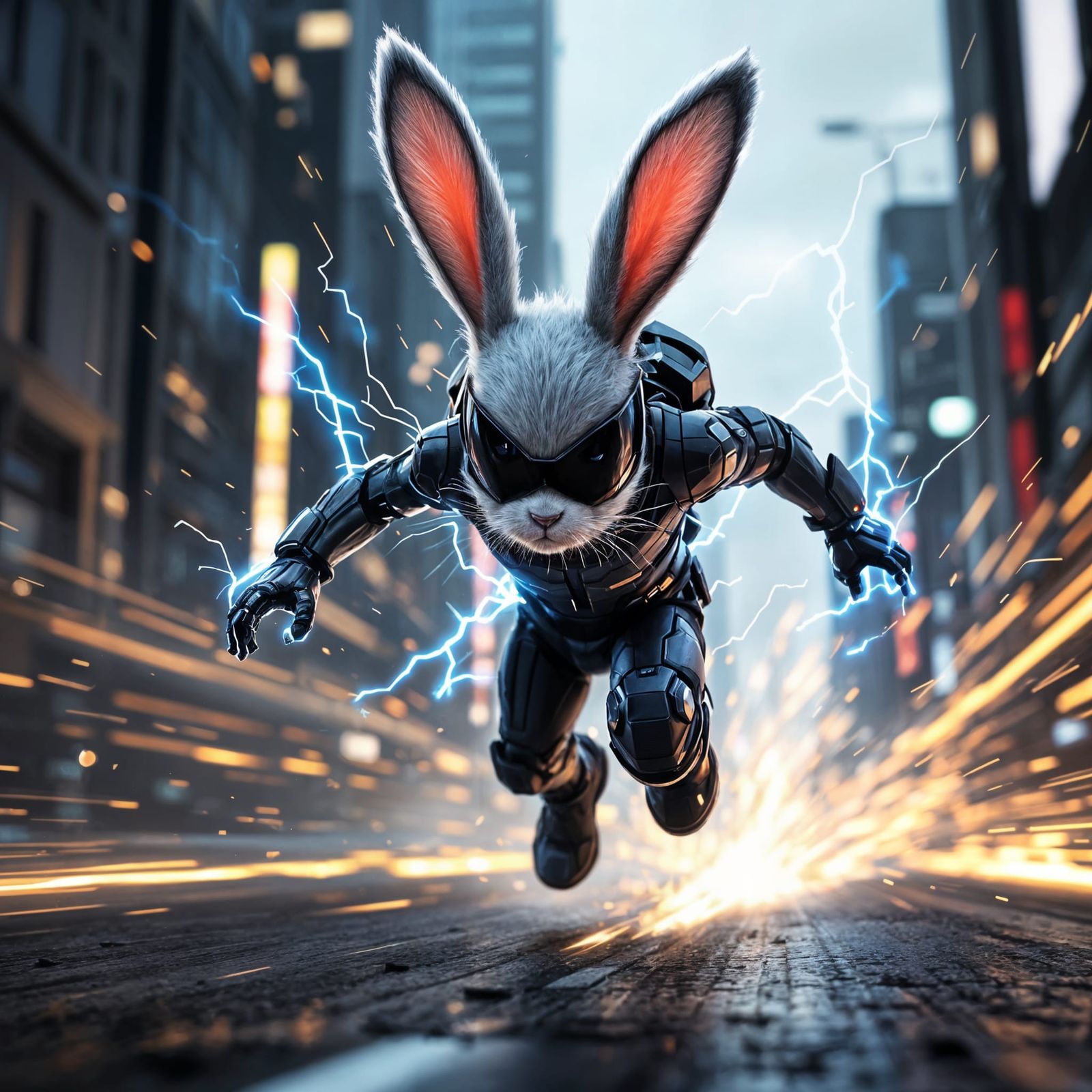 Cyberpunk Bunny Superhero Speeds Through Megalopolis