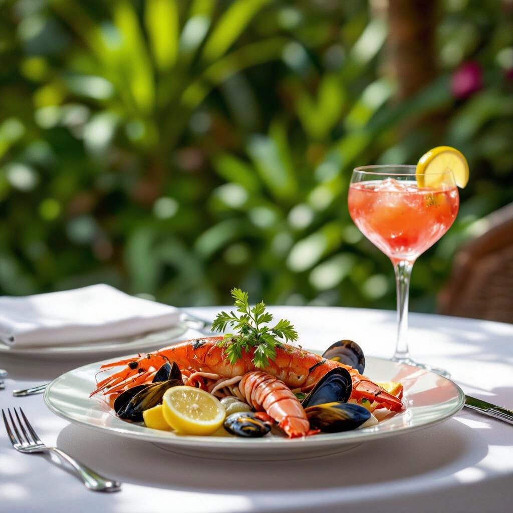 Elegant Table Setting with Seafood and Cocktail