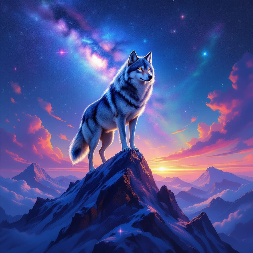 Majestic Wolf on Crystal Peak Under Cosmic Starlight