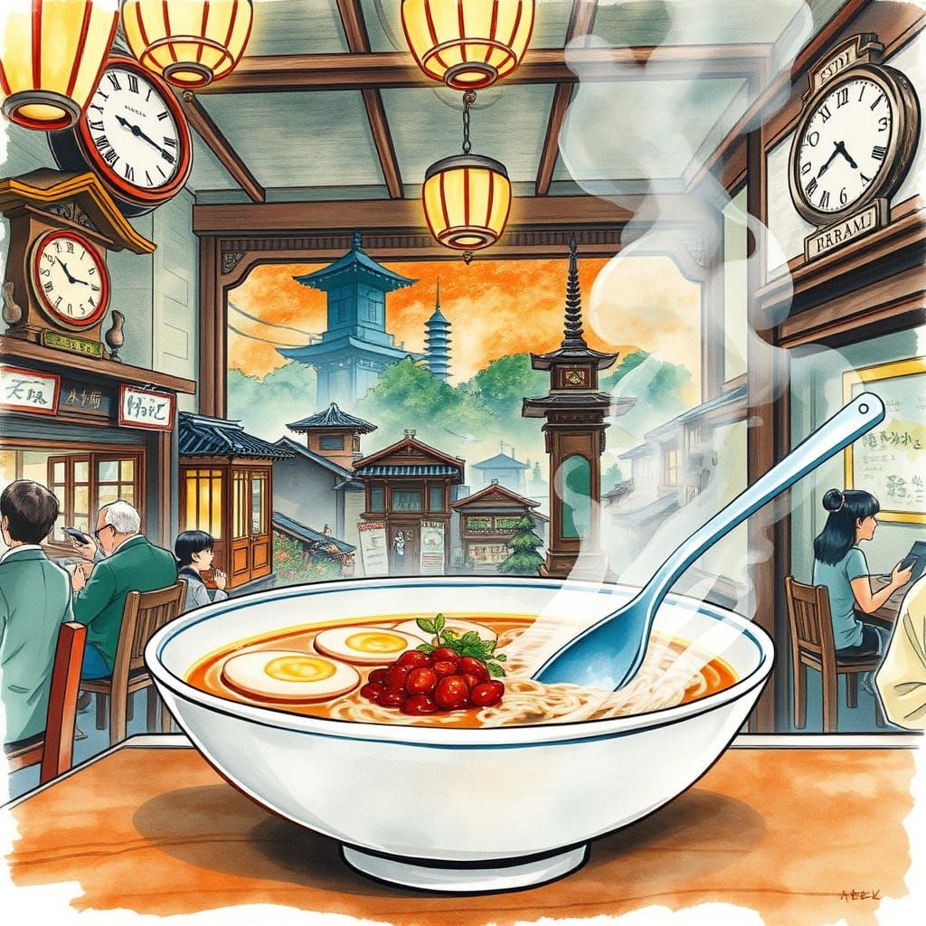 Kyoto Cityscape Emerges from Ramen Bowl