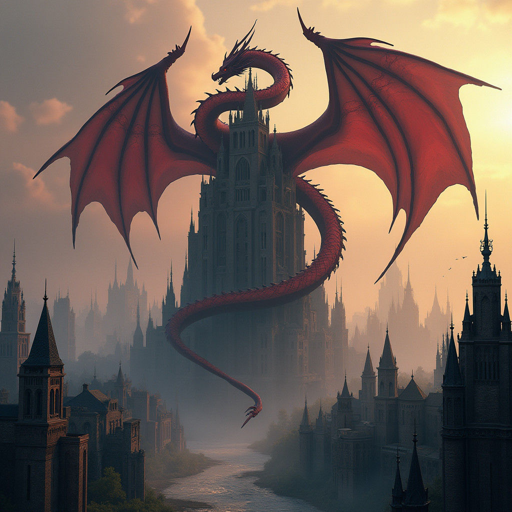 Crimson Dragon Overlooks Ruined City in Dark Fantasy Style