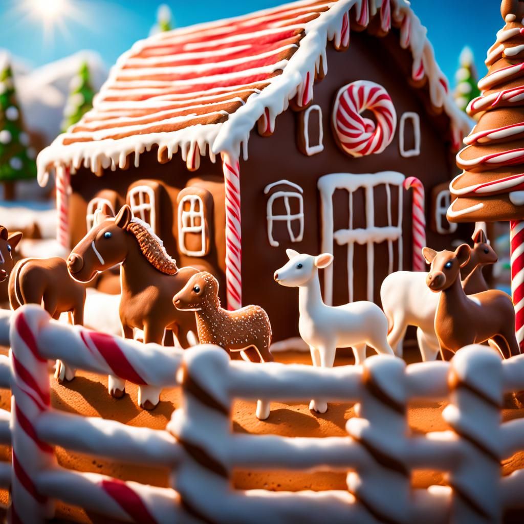 Hyperrealistic Gingerbread Farm with Candy Animals