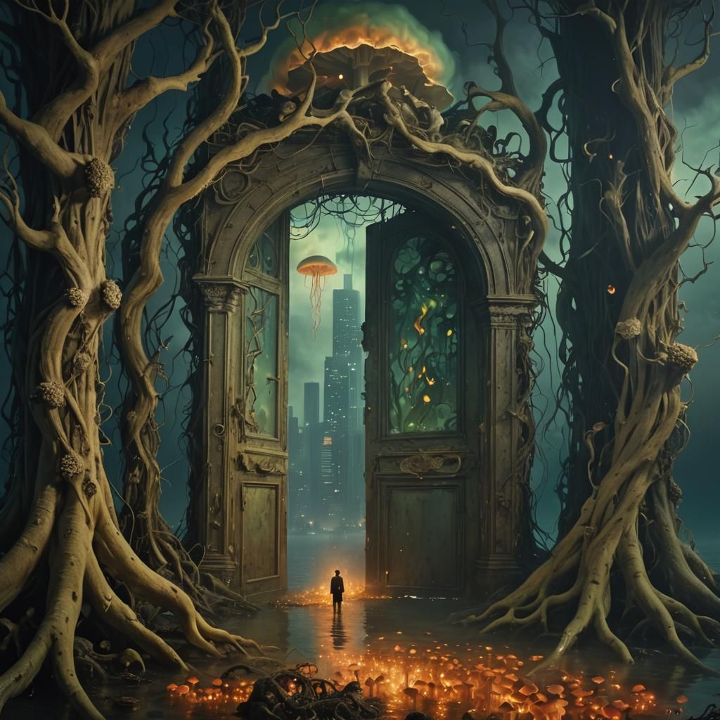 Surreal Figure Amidst Burning Skyscrapers