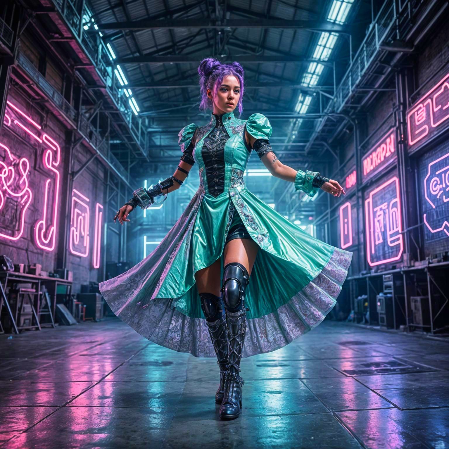 Glamorous Cyberpunk Breakdancer in Neon Lit Warehouse