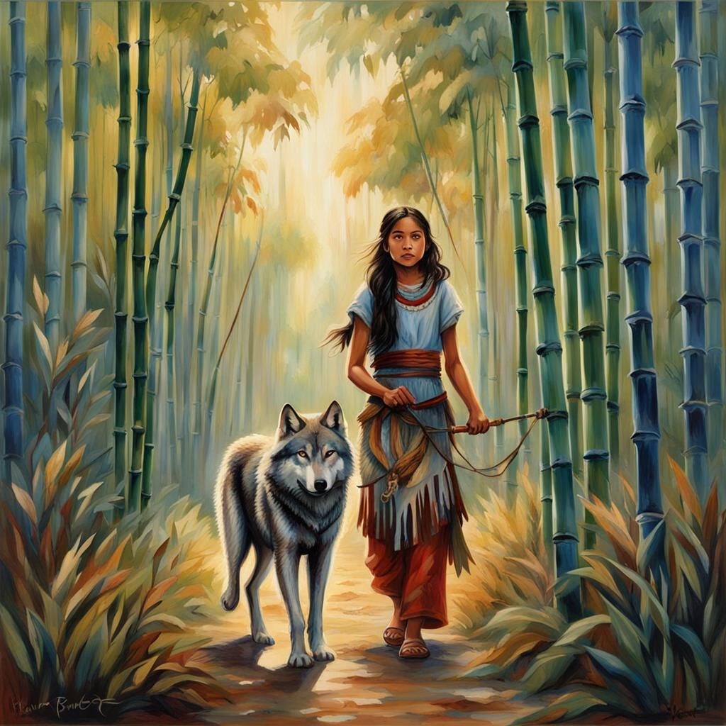 Native Girl with Wolf in Impressionist Style