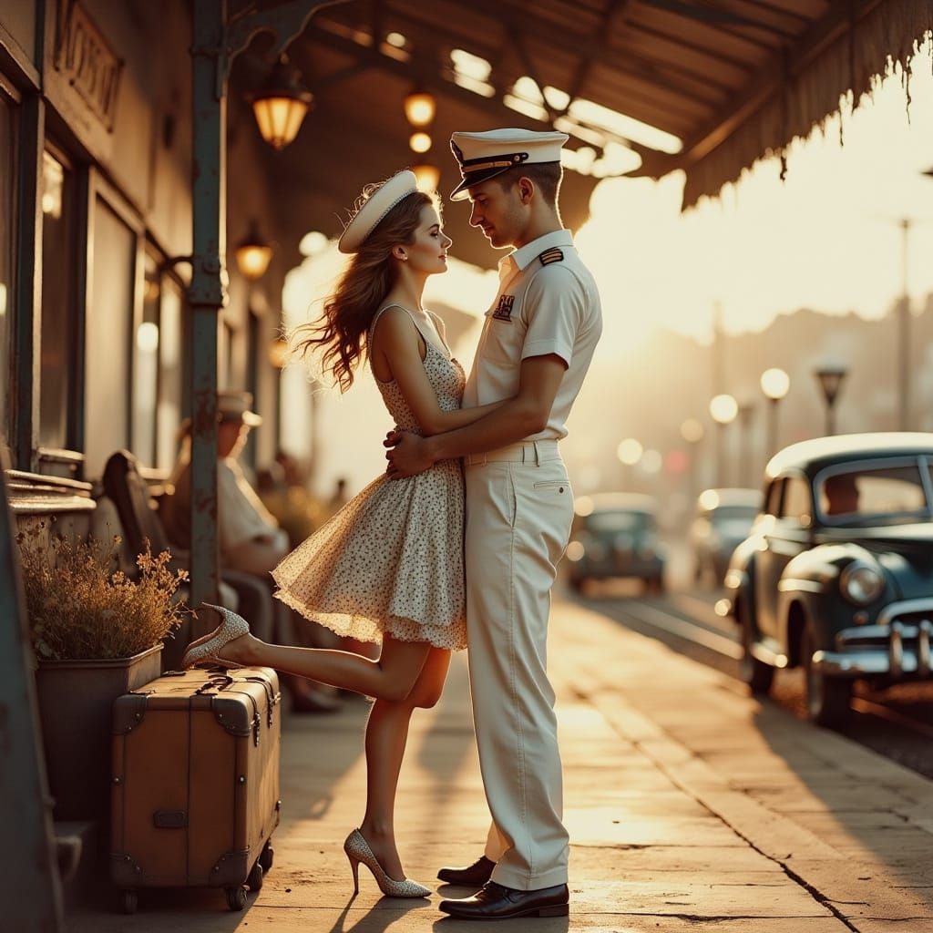 1950s Sailor's Romantic Reunion in Rockwell Style